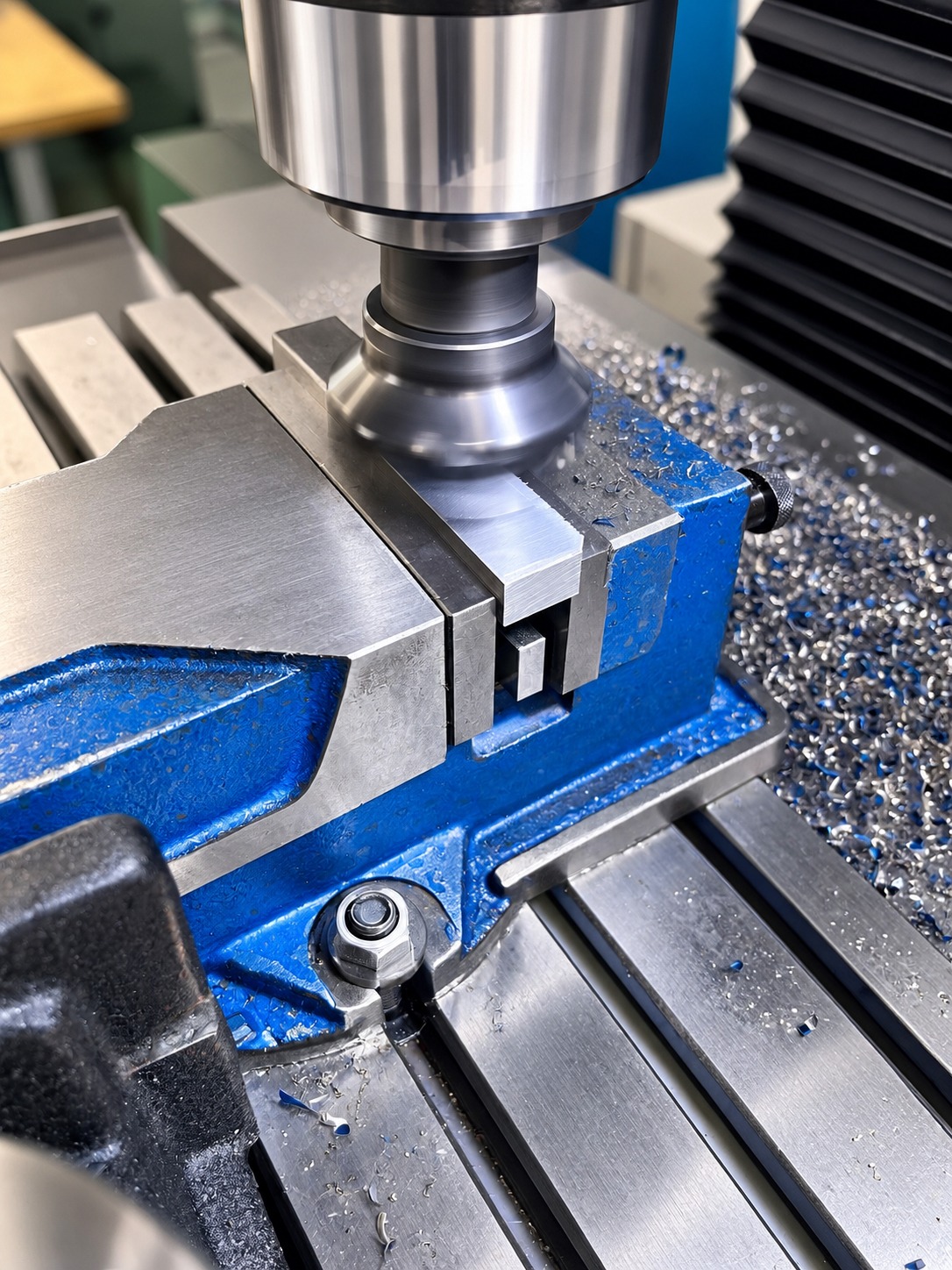 Fräsbearbeitung eines Metallblocks im Maschinenschraubstock
