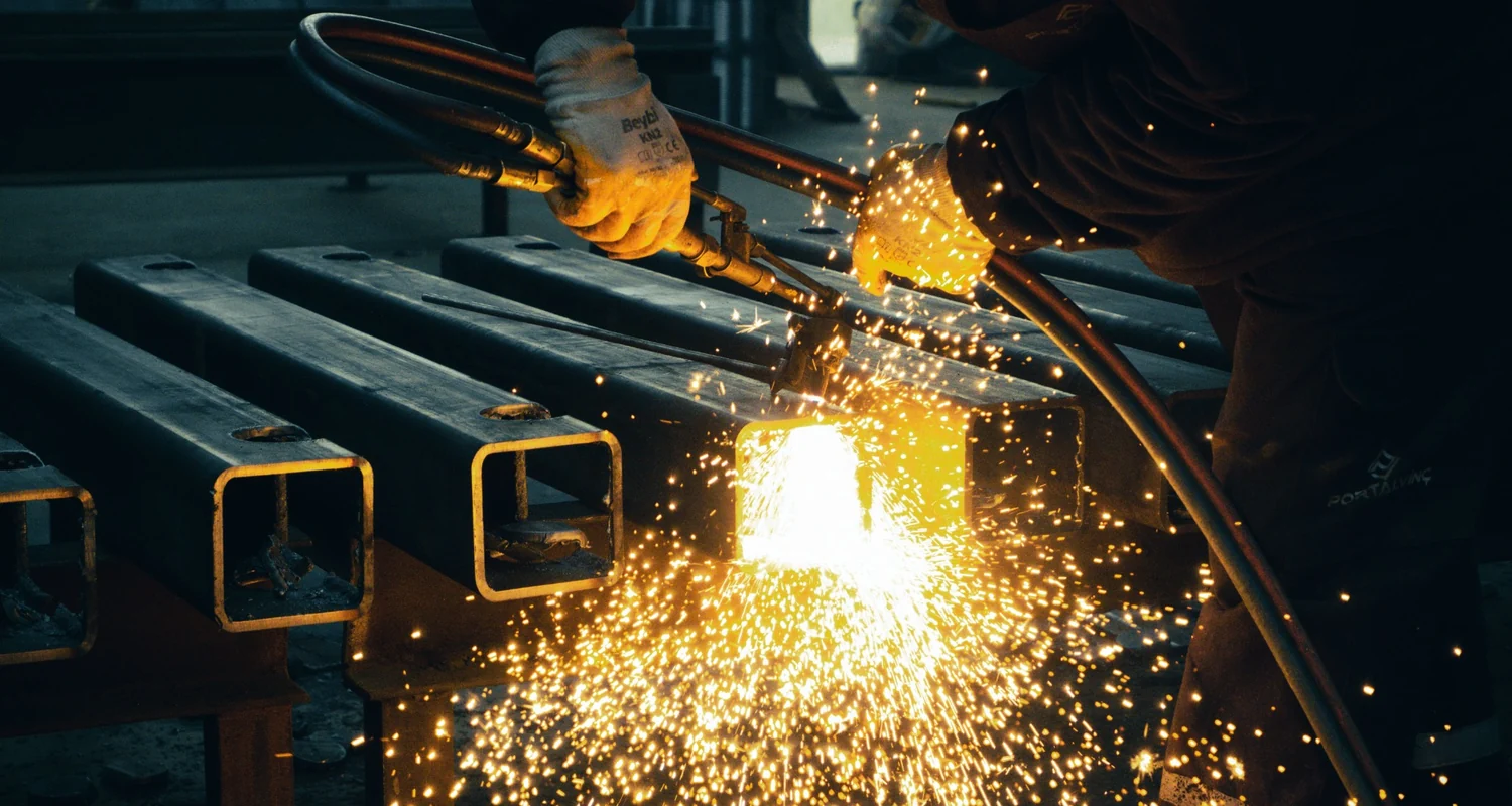 Schweißarbeit an einer Metallkonstruktion mit sichtbarem Funkenflug